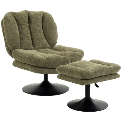 HOMCOM Sillón lounge con reposapiés, giratorio 360°, terciopelo Raindrop, reposapiés regulable en altura, Verde