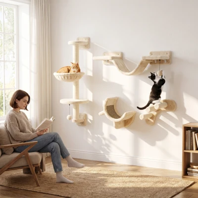 PawHut Cat Wall Hammock Ladder Platforms Indoor Beige 4-Piece