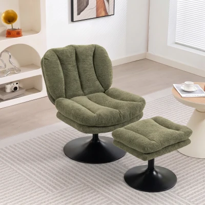 HOMCOM Sillón lounge con reposapiés, giratorio 360°, terciopelo Raindrop, reposapiés regulable en altura, Verde