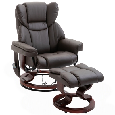 HOMCOM Relaxsessel mit Hocker, 360°drehbarer Fernsehsessel mit Massage, Liegefunktion, Massagesessel mit Seitentasche, Liegesessel, Kunstleder für Wohnzimmer Braun
