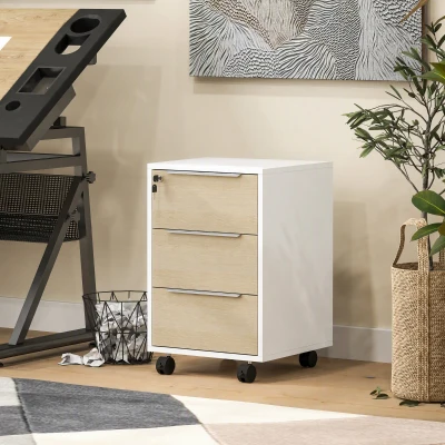 HOMCOM Caisson Bureau 3 Tiroirs Serrure Roulettes Chêne 40x40x63,5cm