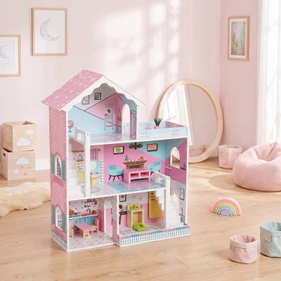 AIYAPLAY Maison Poupée Bois 3 Étages Balcon Rose Accessoires