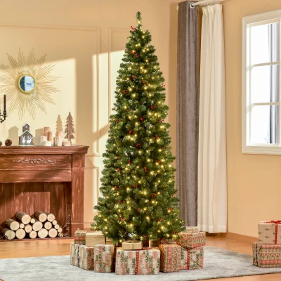 HOMCOM 7FT Prelit Artificial Pencil Christmas Tree w/ LED Light, Berry, Xmas Decor