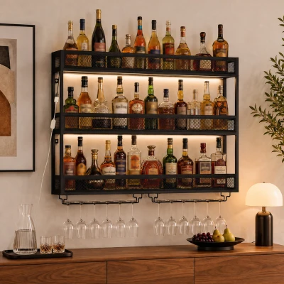 HOMCOM Wall-Mounted Wine Rack Metal LED Shelf Black