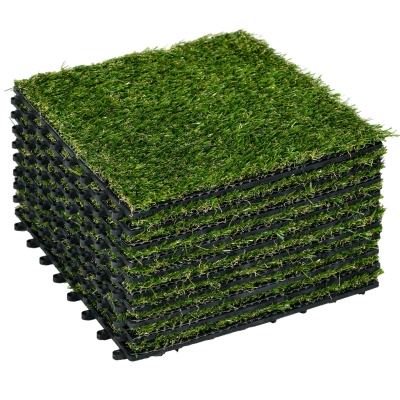 Outsunny Kunstrasen, naturgetreu, Drainagefunktion, 11 K Fasern/m², 20mm Höhe, 10-er Set je 30x30cm, Dunkelgrün