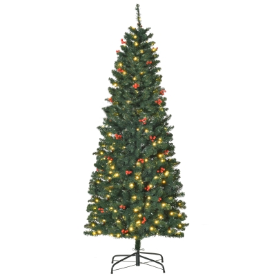 HOMCOM 6FT Prelit Artificial Pencil Christmas Tree w/ LED Light, Berry, Xmas Decor