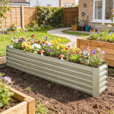 Outsunny Carré Potager Surélevé Acier Galvanisé 240x40x45 cm Gris