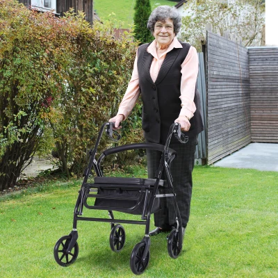 HOMCOM Cadru de mers pliabil pentru vârstnici cu șezut și 4 roți mâner ergonomic reglabil pe înălțime frâne cu levier coș negru