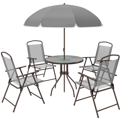 Outsunny Conjunto de Mesa e Cadeiras de Jardim 6 Peças, Conjunto de Jantar Exterior com 4 Cadeiras Dobráveis e Mesa Redonda em Vidro Temperado, Guarda-sol Ø170cm, Estrutura em Aço, para Terraço Varanda, Cinza
