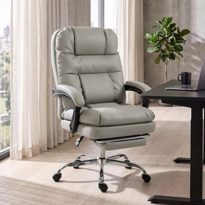 HOMCOM Cadeira de Escritório Ergonómica em PU com Molas Ensacadas, Reclinável 155°, Encosto Alto, Apoio de Cabeça, Cinzento-Claro