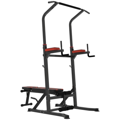 HOMCOM Estación de Musculación Plegable Altura Ajustable con Barra de Dominadas Banco Reclinable para Gimnasio Negro y Rojo