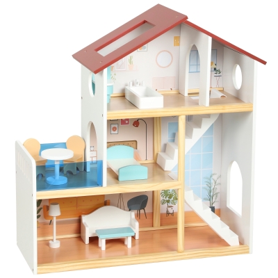 AIYAPLAY Kids Wooden Dollhouse 3-Story 5 Rooms White