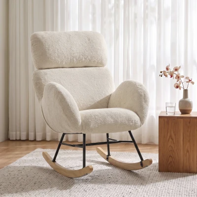 HOMCOM Cadeirão estofado de balanço com apoio de cabeça ajustável, veludo com efeito gotas de chuva, estrutura em madeira de seringueira, Creme branco