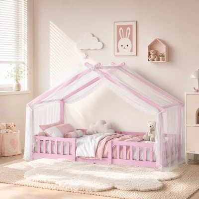 AIYAPLAY Lit Cabane 90x200cm Maison Barrières Sommier Rose