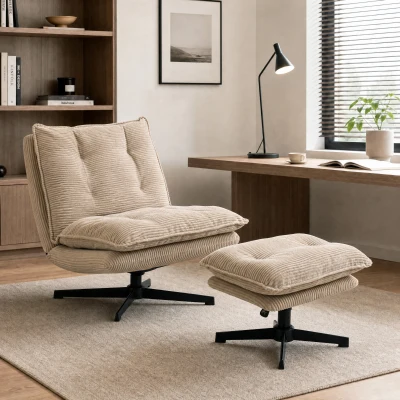 HOMCOM Sillón lounge con reposapiés, giratorio 360°, tapizado de pana, reposapiés regulable en altura, Beige