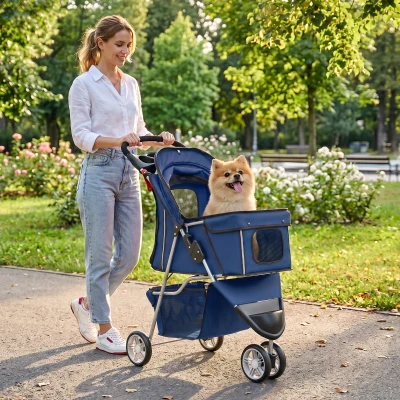 PawHut Carrinho Dobrável para Cães Pequenos até 10 kg com 3 Rodas, Capota, Cesta, Janelas em Rede e Porta-copos, Azul-Escuro