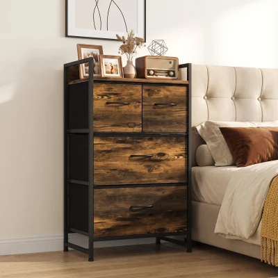 HOMCOM Chest Four Fabric Drawers Rustic Brown