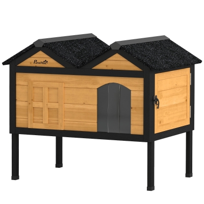 PawHut Wooden Cat House Weatherproof Roof Side Door PVC Curtain