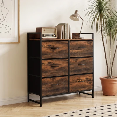HOMCOM Cómoda con 6 Cajones Plegables Cajonera de Tela con Estructura de Acero Estilo Industrial 79x29x85 cm Marrón Rústico