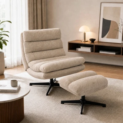 HOMCOM Sillón lounge con reposapiés, sillón chenilla giratorio con reposapiés regulable en altura, acolchado grueso y asiento ancho, Marrón