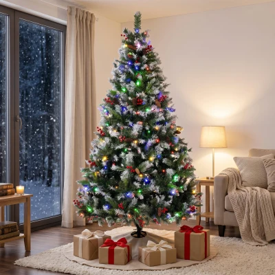 HOMCOM Árvore de Natal Nevada 210 cm com 400 LED 11 Modos Comando à Distância 1253 Pontas 44 Pinhas e 44 Bagas