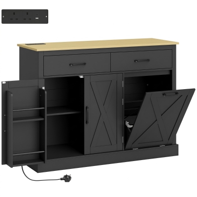 HOMCOM Tilt Out Trash Cabinet with Charging Station, Kitchen Island with Storage, 57 Liter Hidden Rubbish Bin Storage, Black