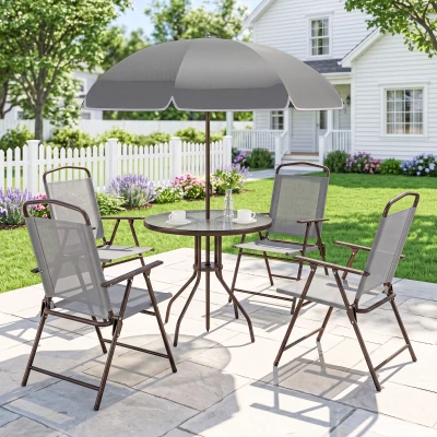 Outsunny Conjunto de Mesa e Cadeiras de Jardim 6 Peças, Conjunto de Jantar Exterior com 4 Cadeiras Dobráveis e Mesa Redonda em Vidro Temperado, Guarda-sol Ø170cm, Estrutura em Aço, para Terraço Varanda, Cinza