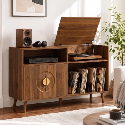 HOMCOM Record Player Stand Vinyl Storage 300 Albums Walnut