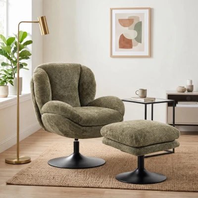 HOMCOM Chenille Swivel Lazy Chair & Ottoman Upholstered Dark Green