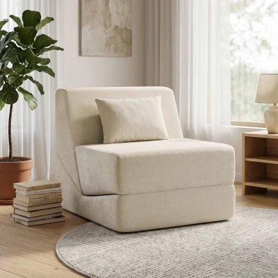 HOMCOM 3‑in‑1 Klapp-Schlafsofa, wandelbarer 1‑Sitzer in Chenille, Kissen und Rückenlehne, komprimiert, ohne Montage, Beige