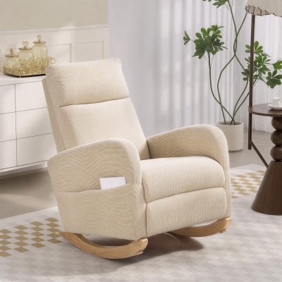 HOMCOM Silla Mecedora de Pana con Respaldo Alto Patas de Madera de Caucho Bolsillos Reposabrazos Estilo Moderno Beige