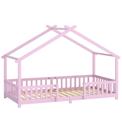 AIYAPLAY Wooden Kids Single Bed Frame Guardrails Pink