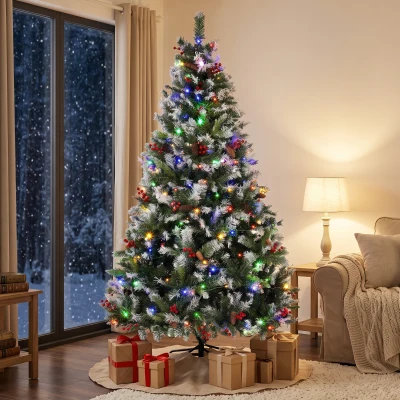HOMCOM Árbol de Navidad Nevado 180 cm con 250 LED 11 Modos Mando a Distancia 840 Puntas 34 Piñas y 34 Bayas Verde