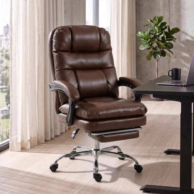 HOMCOM Silla de Oficina Ergonómica con Reposapiés de PU Muelles Ensacados Reclinable 155° Respaldo Alto Reposacabezas Marrón
