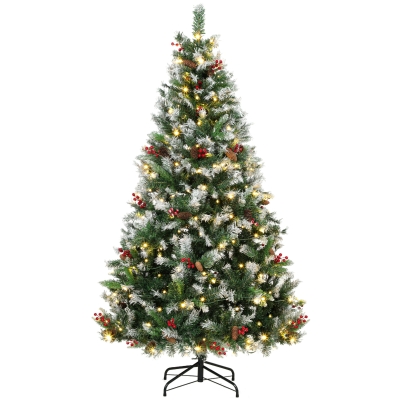 HOMCOM Árbol de Navidad Nevado 180 cm con 250 LED 11 Modos Mando a Distancia 840 Puntas 34 Piñas y 34 Bayas Verde