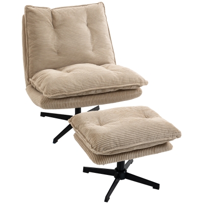 HOMCOM Sillón lounge con reposapiés, giratorio 360°, tapizado de pana, reposapiés regulable en altura, Beige