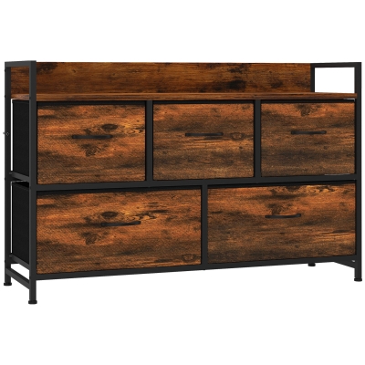 HOMCOM Cajonera de Tela con 5 Cajones y Marco Metálico Estilo Industrial para Salón Recibidor 98x29x63 cm Marrón Rústico