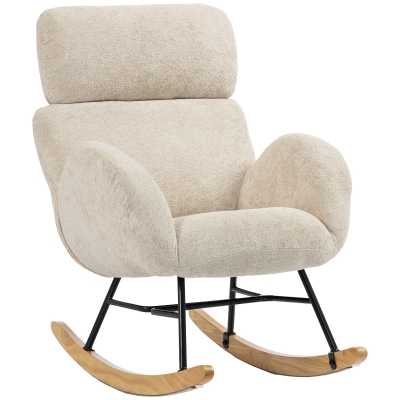 HOMCOM Cadeirão estofado de balanço com apoio de cabeça ajustável, veludo com efeito gotas de chuva, estrutura em madeira de seringueira, Creme branco