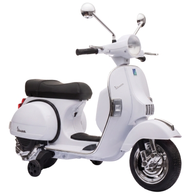 AIYAPLAY Moto Eléctrica Niños 12V Vespa PX150 Ruedas Auxiliares 2 Motores Suspensión Trasera Música Faros 3 km/h 3-6 Años Blanco