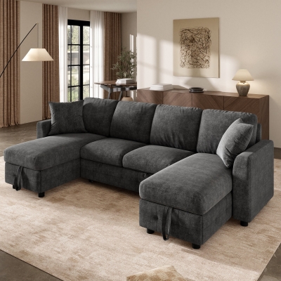 Modern U-Shaped Sectional Sofa with 2 Storage Chaise Lounges, 260L x 128W x 82H cm, Gray