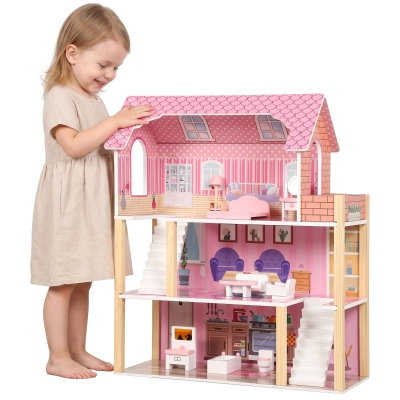 AIYAPLAY Casa de Muñecas de Madera 3 Pisos con Balcón Escaleras y 10 Muebles Juguete de Imitación para Niños de 3 a 6 Años Rosa