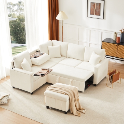 Modern Corner Sofa Bed with Reading Lamp and Fold-Out Cup Holder Table, 205L x 205W x 85H cm, Beige