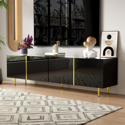 High-Gloss TV Cabinet with Four Soft-Close Doors, 170L × 35W × 46H cm, Black+Gold