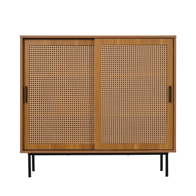 Vintage Wooden Kitchen Sideboard Cabinet with Sliding Barn Doors, 100L x 37W x 90H cm, Walnut