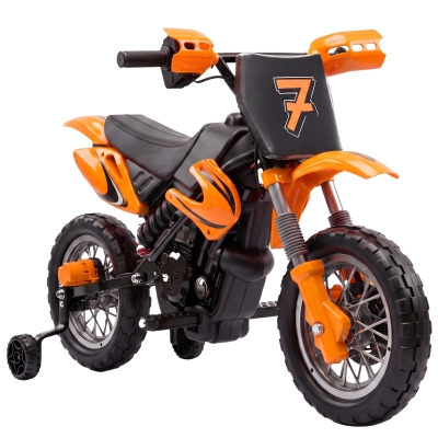 AIYAPLAY Moto Eléctrica Niños 12V 2 Ruedas Auxiliares Desmontables 2 Motores Suspensión Trasera 3 km/h 3-6 Años Naranja