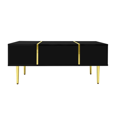 High-Gloss Coffee Table with Two Drawers and 19.5 cm Clearance, 100L x 60W x 41.5H cm, Black+Gold