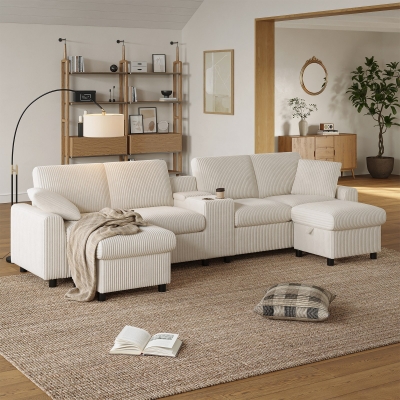 Modern Corduroy U-Shaped Sectional Sofa with 2 Movable Storage Ottomans, 315L x 135W x 81H cm, Beige