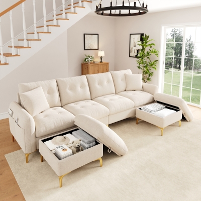 Modern U-Shaped Modular Sleeper Sofa with 2 Storage Ottomans, 263L x 137W x 85H cm, Beige