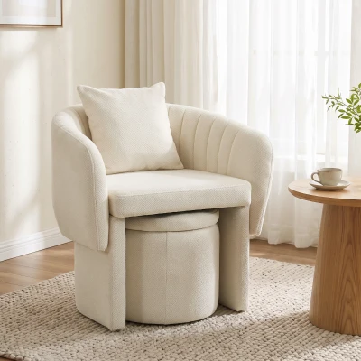 HOMCOM Fauteuil Lounge Nordique Beige avec Pouf Chenille