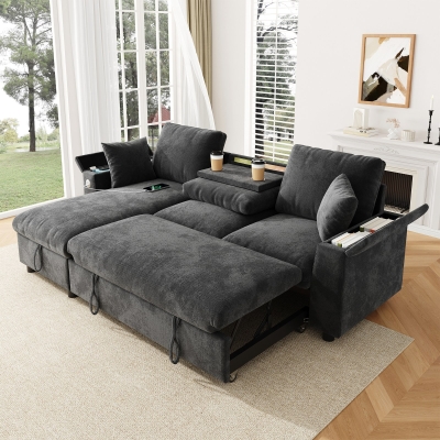L-Shaped Sofa Bed with USB/USB-C Ports and Pull-Out Sleeper, 200L x 137W x 85H cm, Grey